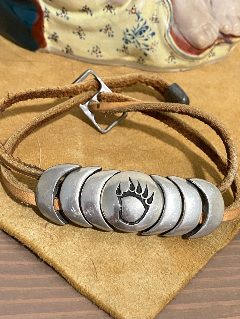 Leather and Silver Bear Paw Bracelet - Brown
